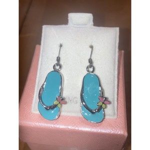 Sterling Silver Blue Flip Flops Flower Dangle Drip Pierced Earrings 1"